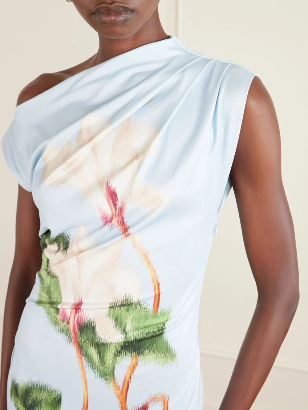 Close-up detail of the Oscar de la Renta Draped Printed Stretch-jersey Midi Dress