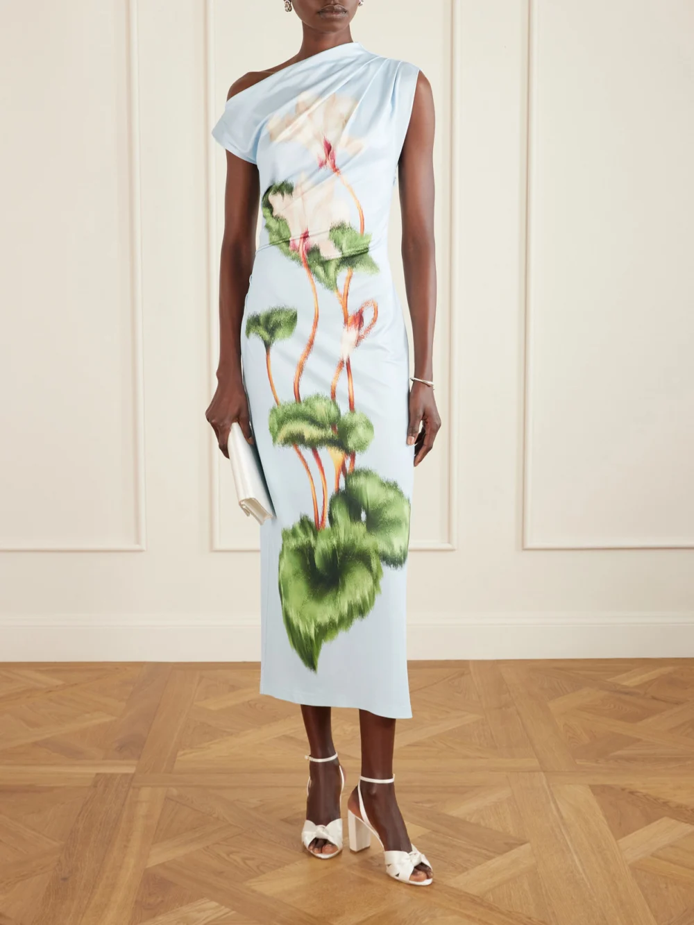 Oscar de la Renta Draped Printed Stretch-jersey Midi Dress, worn by a model