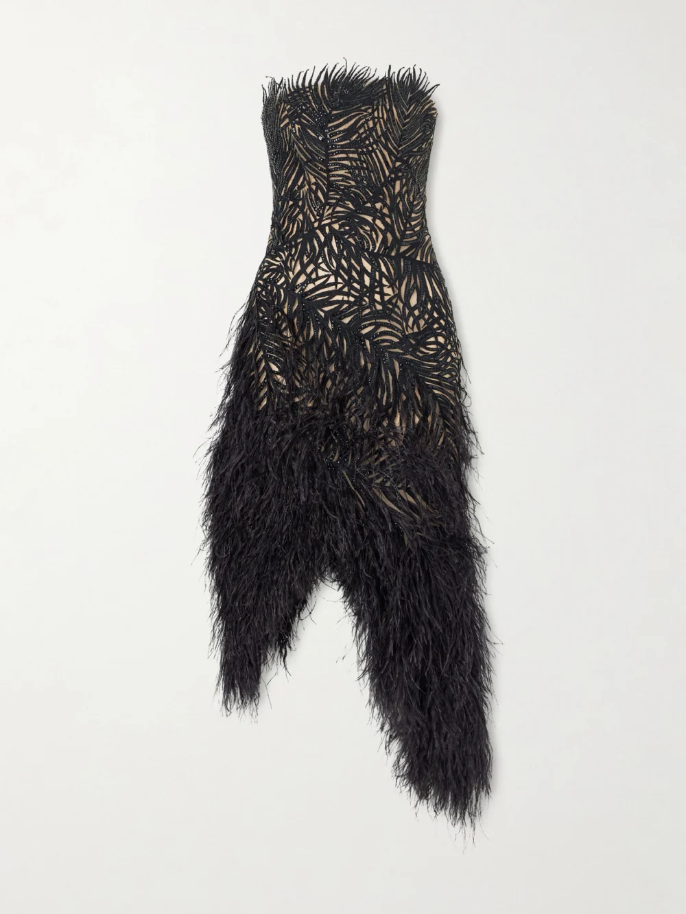 Oscar de la Renta Strapless Feather-trimmed Embroidered Mesh Mini Dress in black