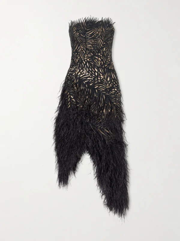 Oscar de la Renta Strapless Feather-trimmed Embroidered Mesh Mini Dress