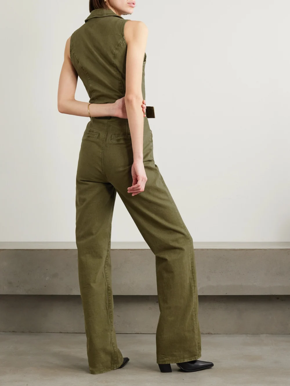 Back view of the Paige Sasha Belted Denim Jumpsuit