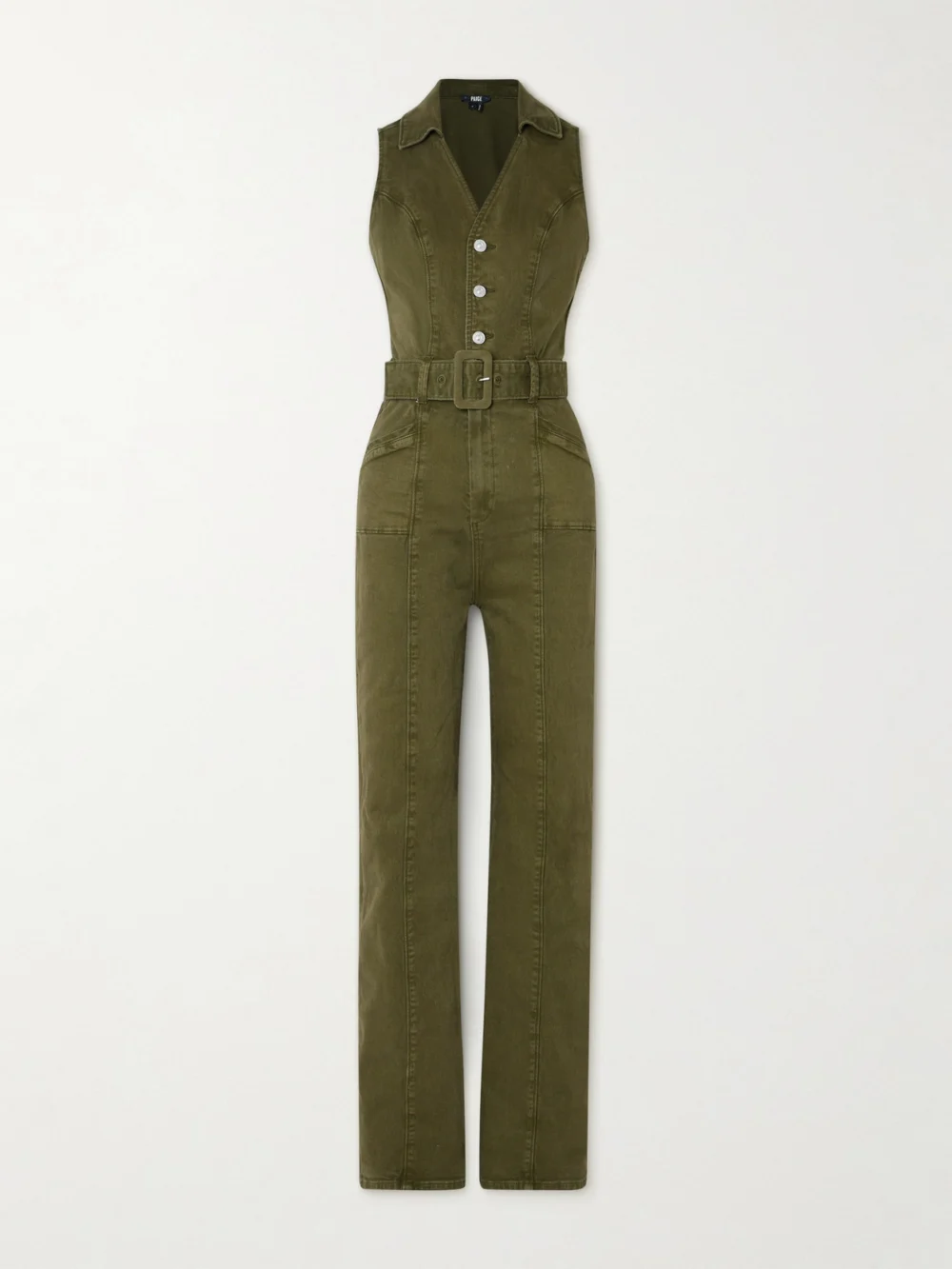 Paige Sasha Belted Denim Jumpsuit in dark green