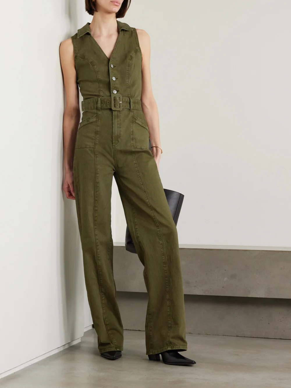 Paige Sasha Belted Denim Jumpsuit, worn by a model