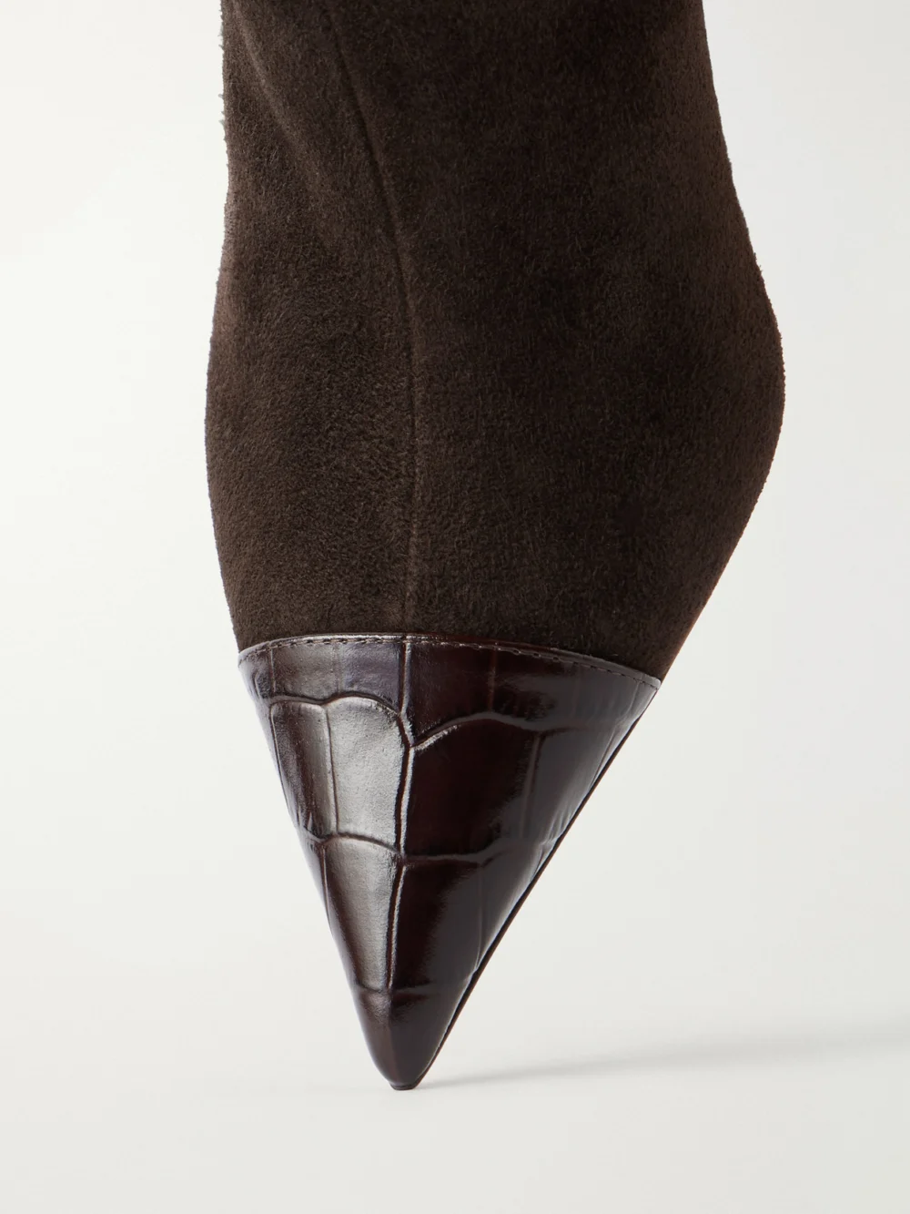 Close-up detail of the Paris Texas Vera 85 Croc-effect Leather-trimmed Suede Ankle Boots