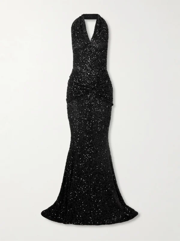 Patou Draped Sequined Mesh Halterneck Gown
