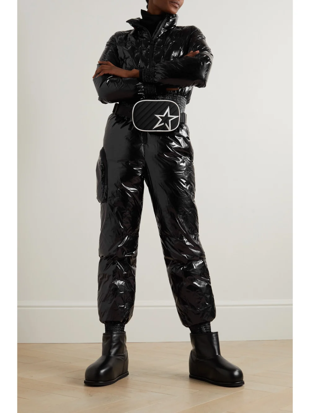 Perfect Moment Floe Embroidered Padded Glossed-shell Down Ski Suit, worn by a model