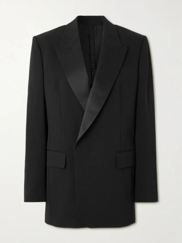 Petar Petrov Double-breasted Satin-trimmed Wool-blend Blazer