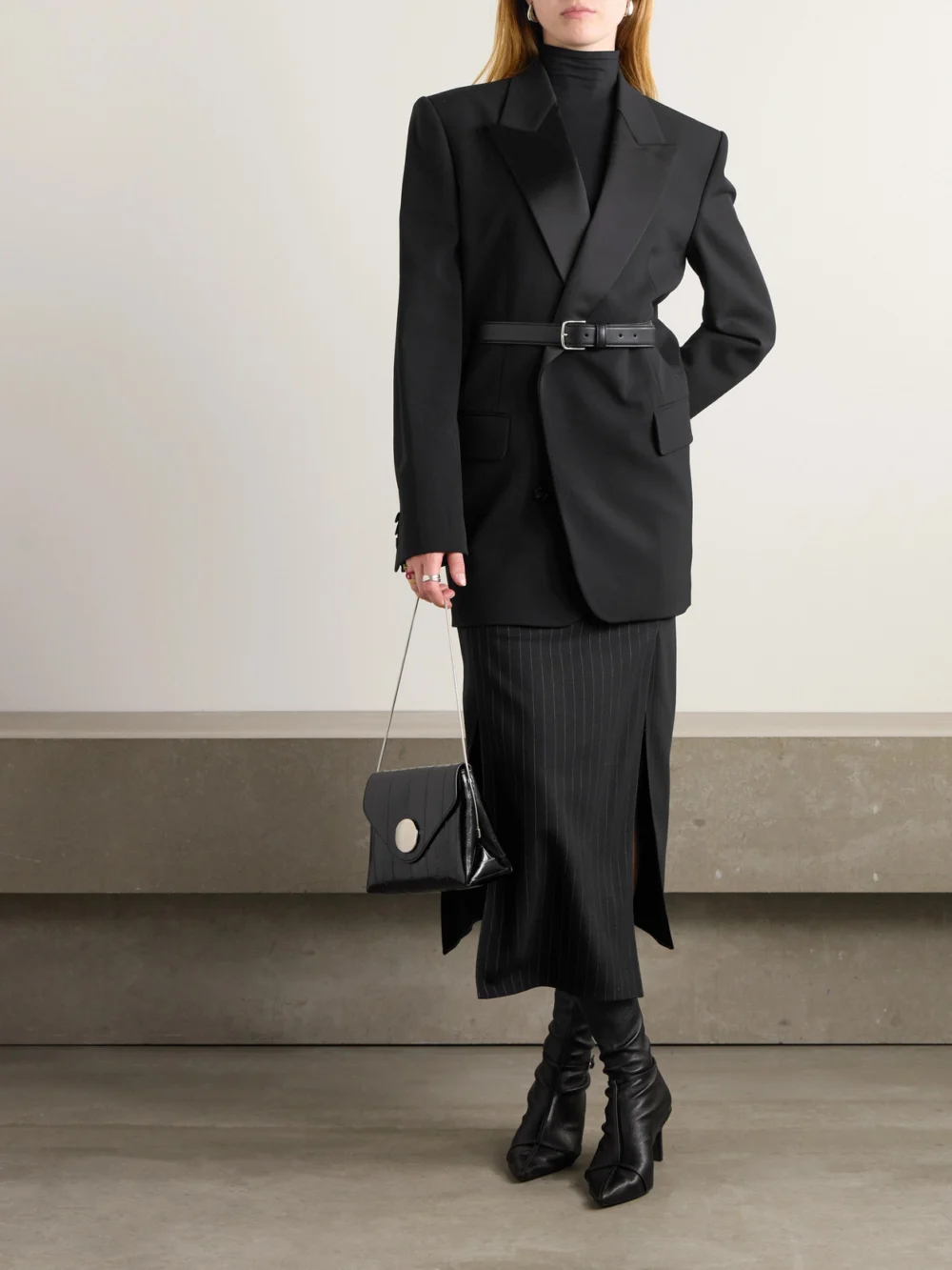 Petar Petrov Double-breasted Satin-trimmed Wool-blend Blazer, worn by a model