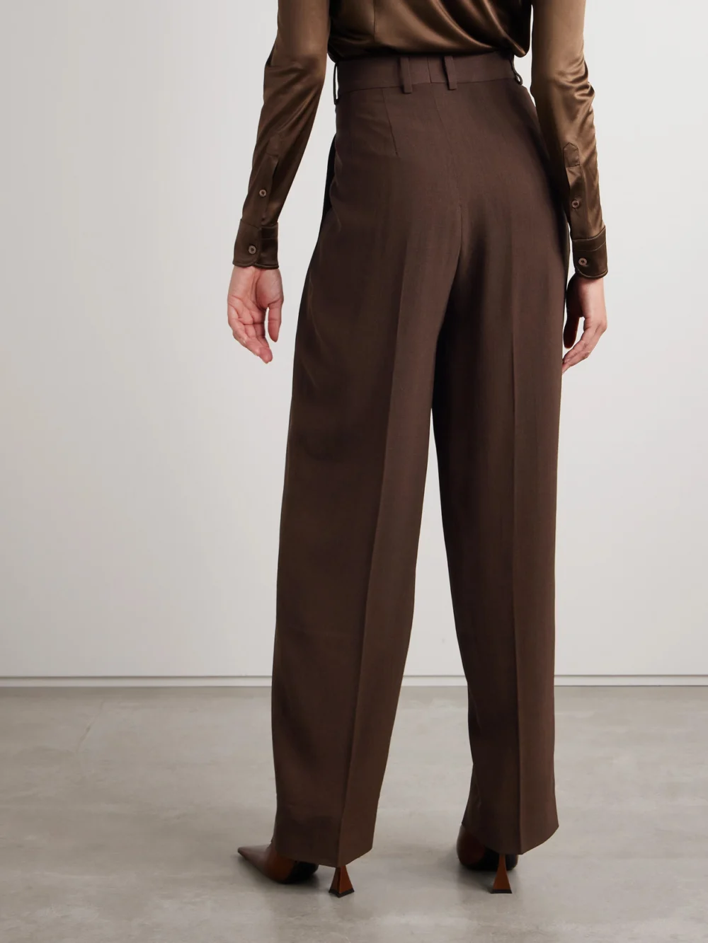 Back view of the Petar Petrov The Founder Pleated Wool-blend Twill Wide-leg Pants