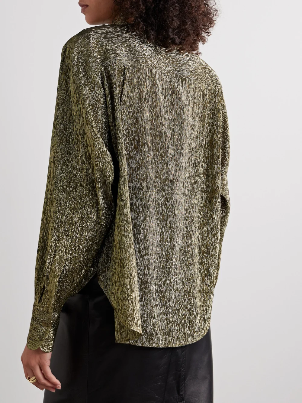 Back view of the Petar Petrov Treasure Pussy-bow Silk-blend Lamé Shirt