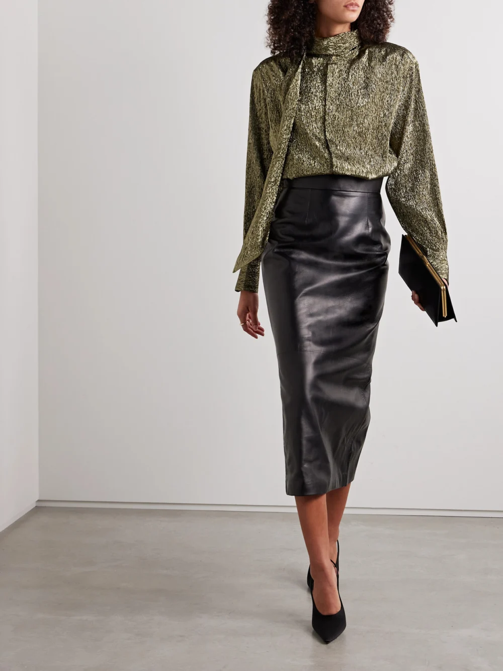 Petar Petrov Treasure Pussy-bow Silk-blend Lamé Shirt, worn by a model