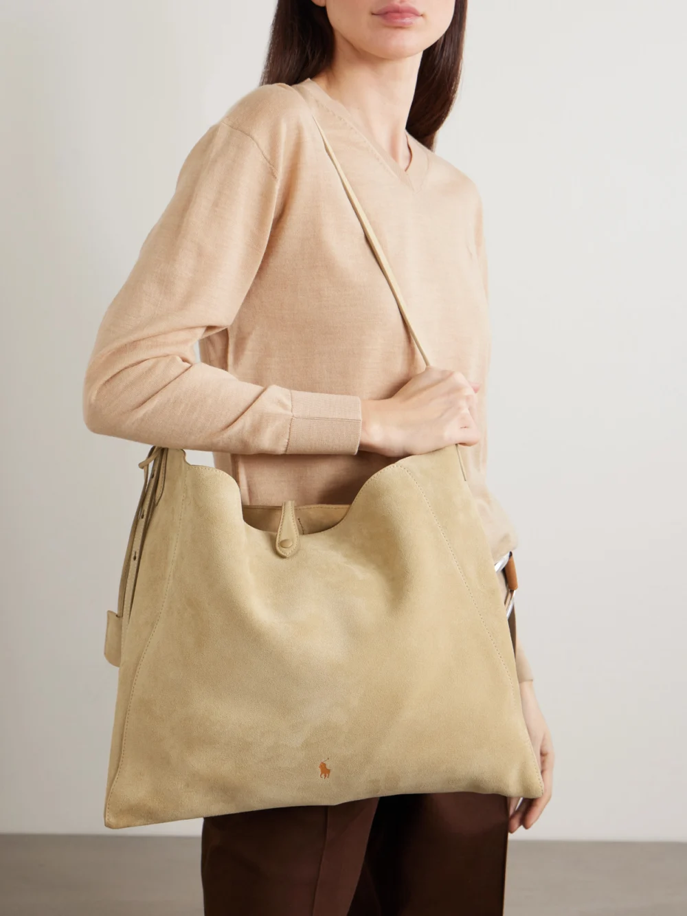 Polo Ralph Lauren Debossed Suede Shoulder Bag, styled view