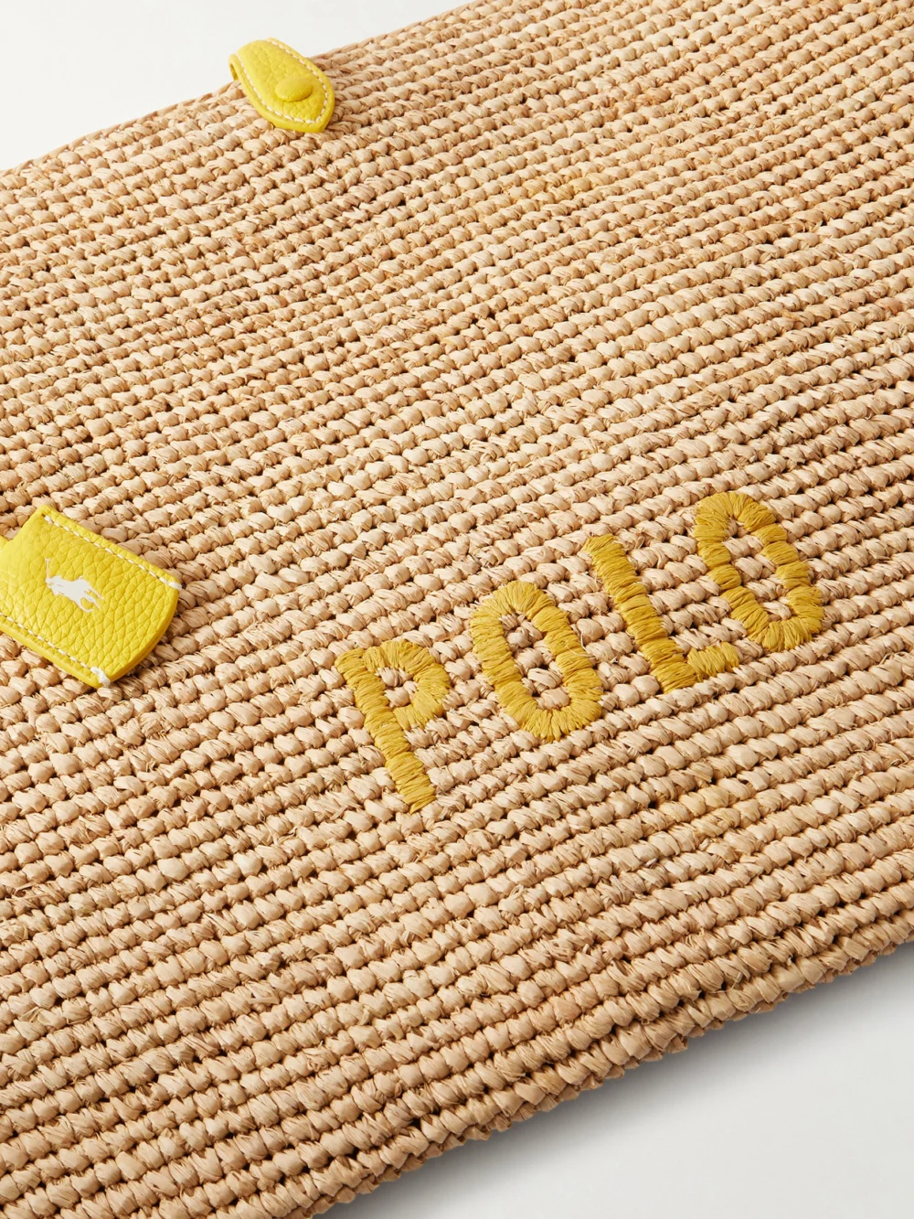 Close-up detail of the Polo Ralph Lauren Leather-trimmed Embroidered Raffia Shoulder Bag