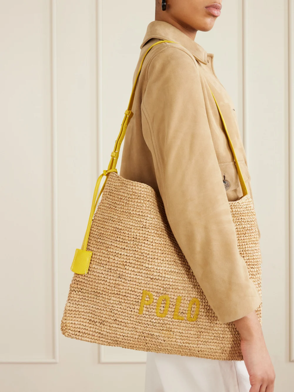 Polo Ralph Lauren Leather-trimmed Embroidered Raffia Shoulder Bag, styled view