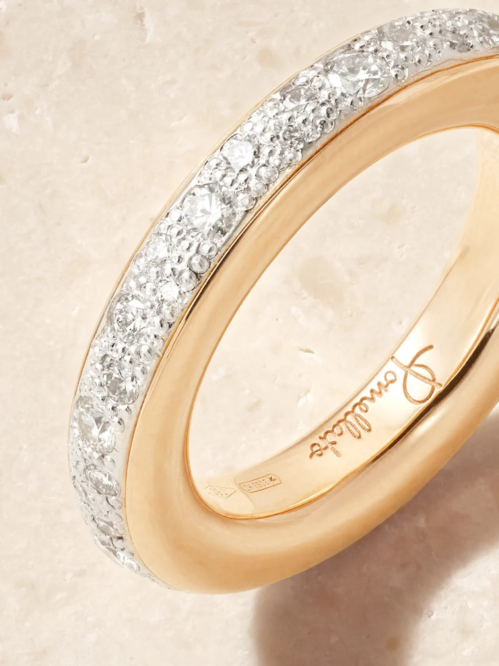 Close-up detail of the Pomellato Iconica 18-karat Rose and Rhodium-plated White Gold Diamond Ring