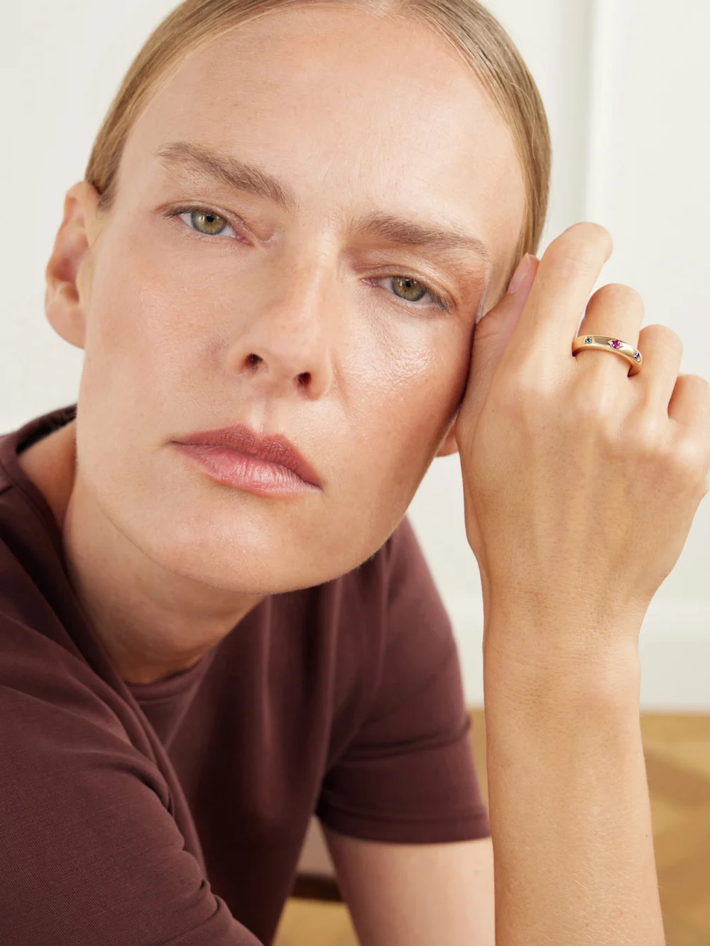 Pomellato Iconica 18-karat Rose Gold, Ruby, Sapphire and Emerald Ring, styled view