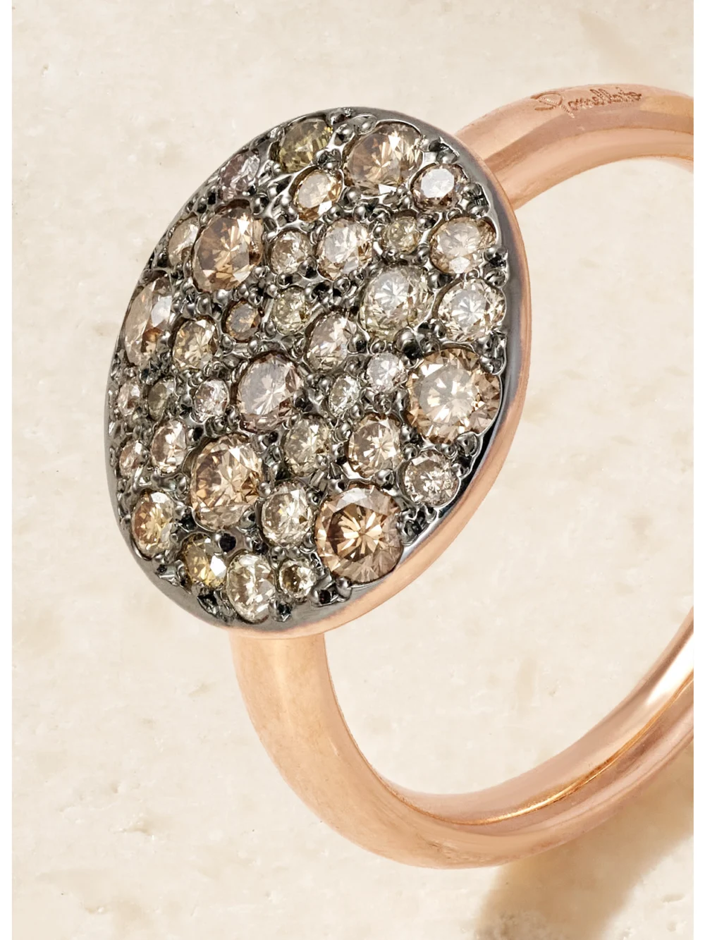 Close-up detail of the Pomellato Sabbia 18-karat Rose and Rhodium-plated Gold Brown Diamond Ring