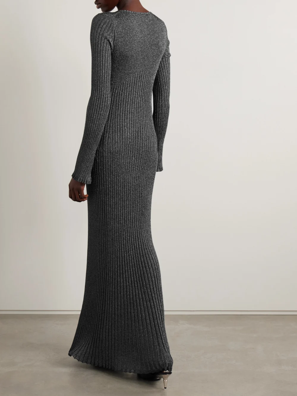 Back view of the Proenza Schouler Joni Metallic Ribbed-knit Maxi Dress