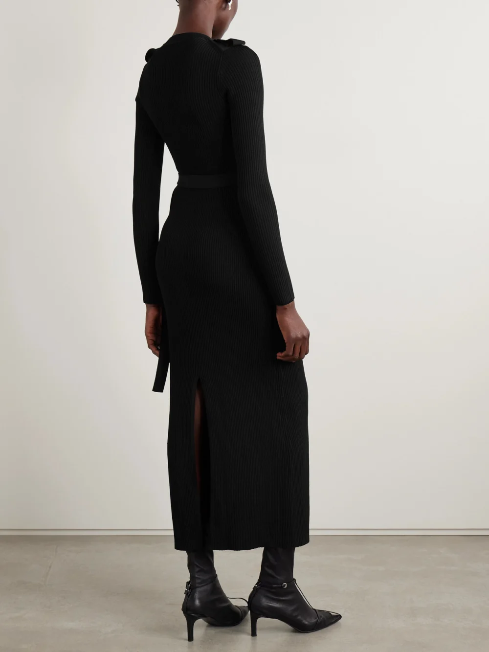 Back view of the Proenza Schouler Lauryn Belted Ribbed-knit Dress