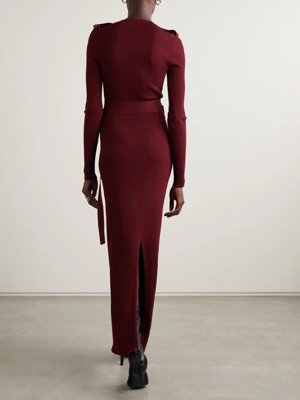Back view of the Proenza Schouler Lauryn Belted Ribbed-knit Maxi Dress
