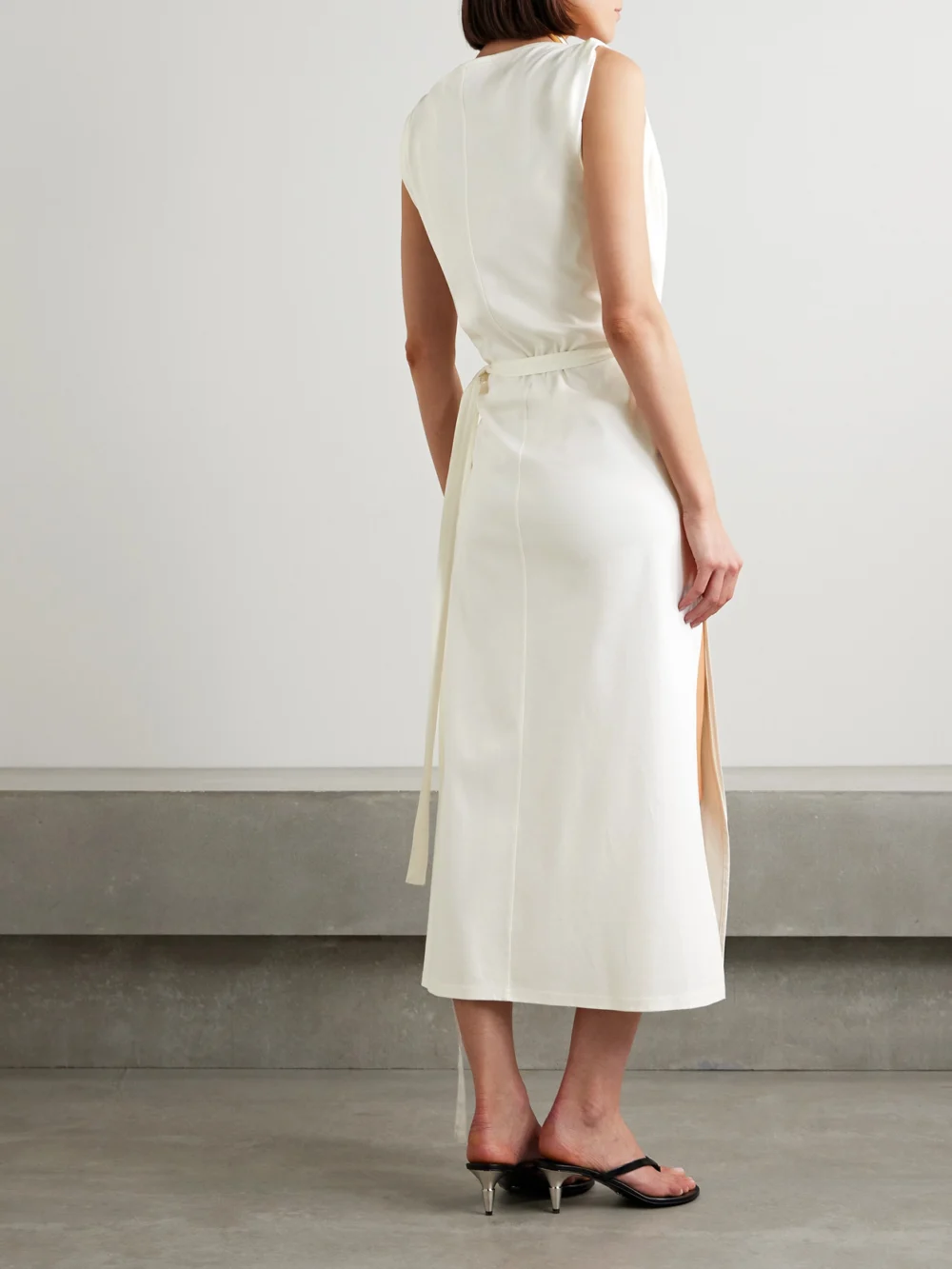 Back view of the Proenza Schouler Lynn Gathered Organic Cotton-jersey Midi Wrap Dress