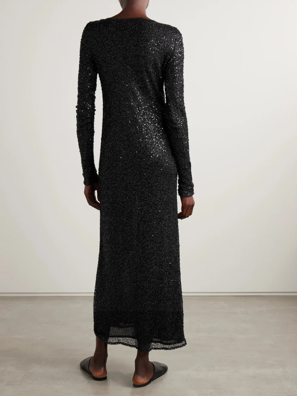 Back view of the Proenza Schouler Marlowe Embellished Metallic Knitted Midi Dress