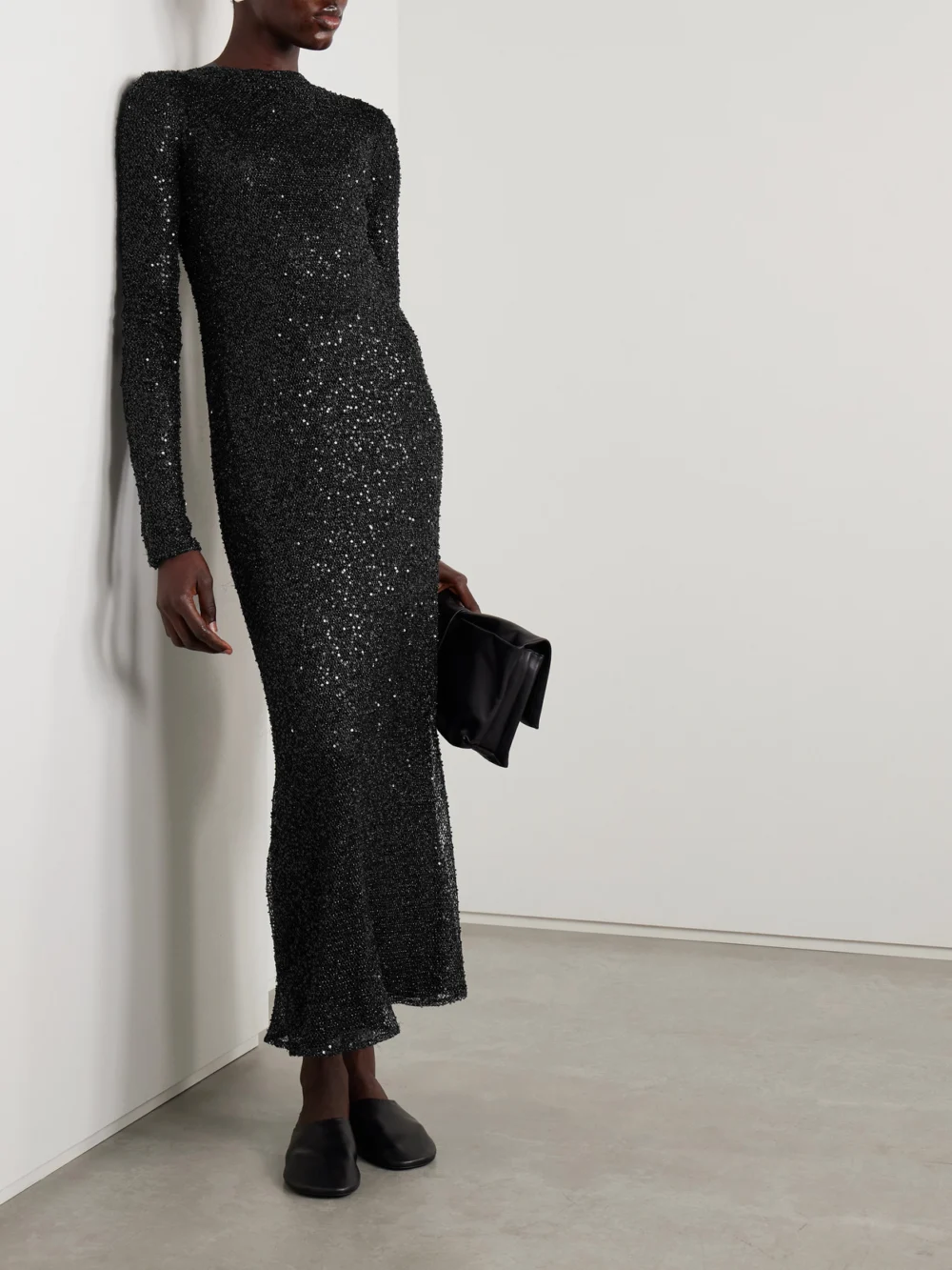 Proenza Schouler Marlowe Embellished Metallic Knitted Midi Dress, worn by a model