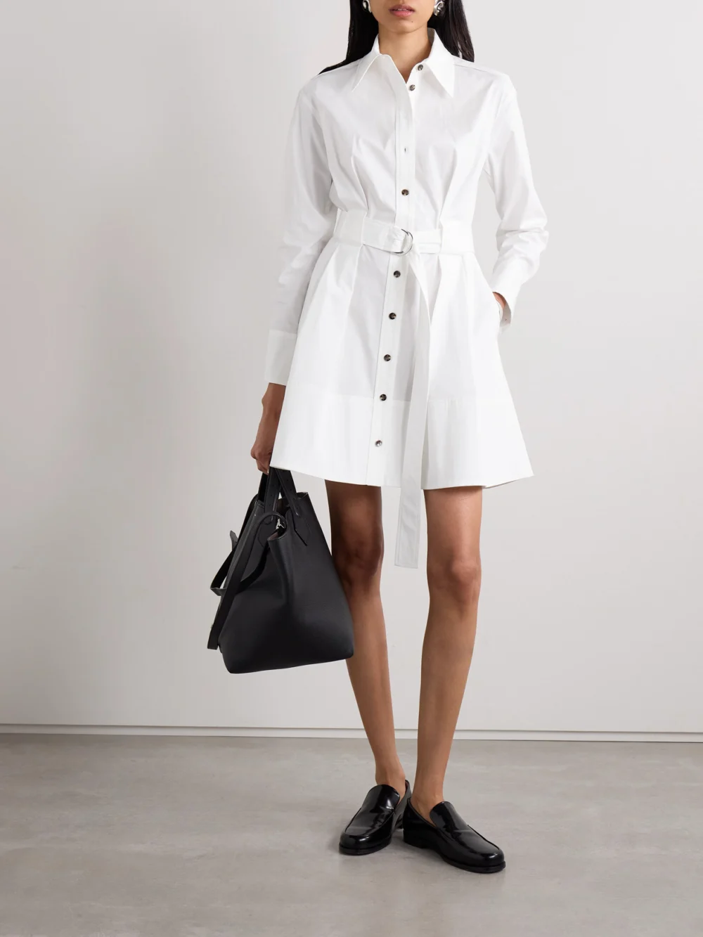 Proenza Schouler Viola Belted Pleated Cotton-blend Poplin Mini Dress, worn by a model
