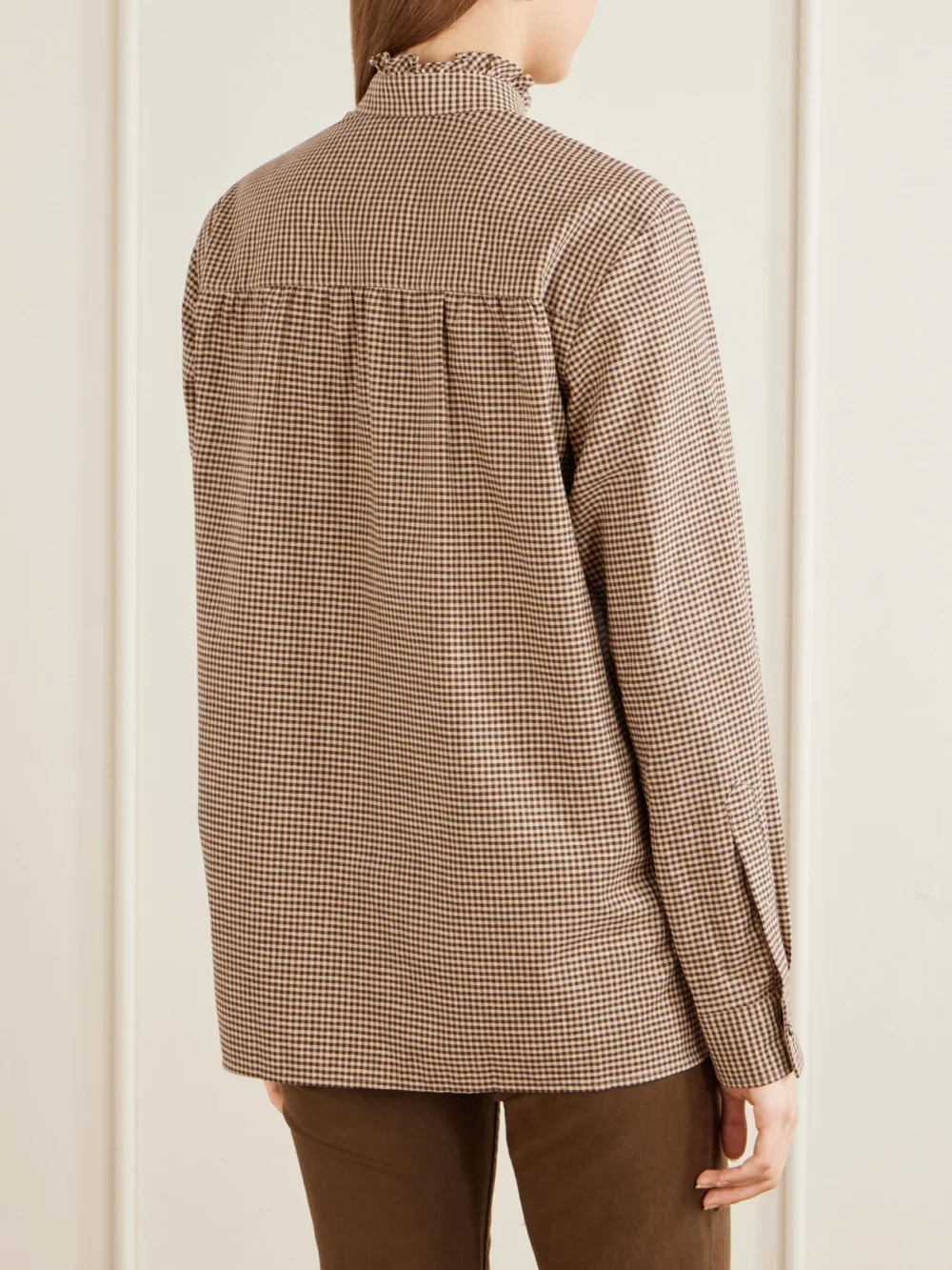 Back view of the Purdey Logo-embroidered Ruffled Checked Cotton Shirt