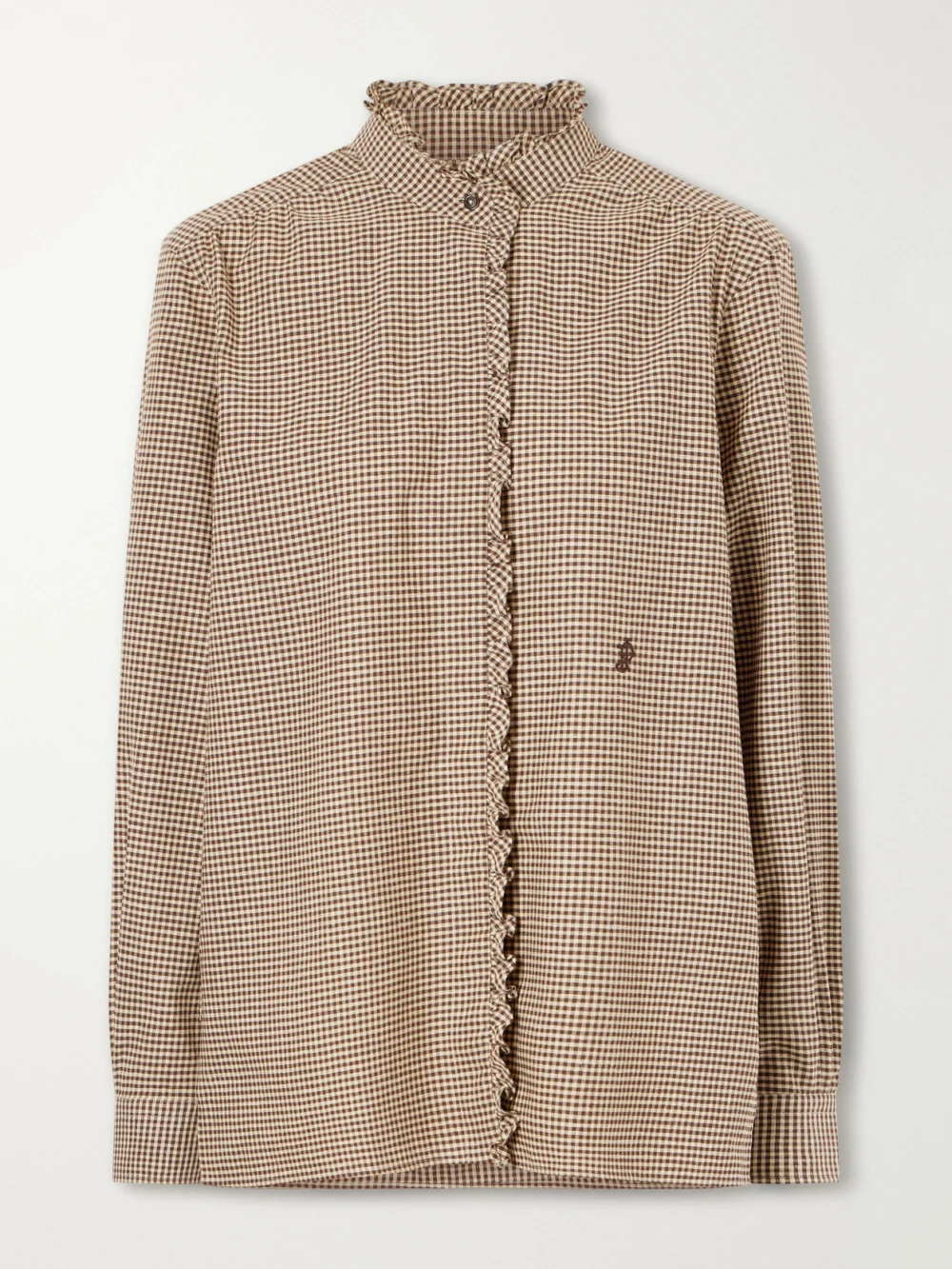 Purdey Logo-embroidered Ruffled Checked Cotton Shirt in brown
