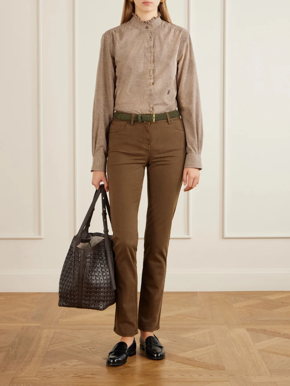 Purdey Logo-embroidered Ruffled Checked Cotton Shirt, worn by a model