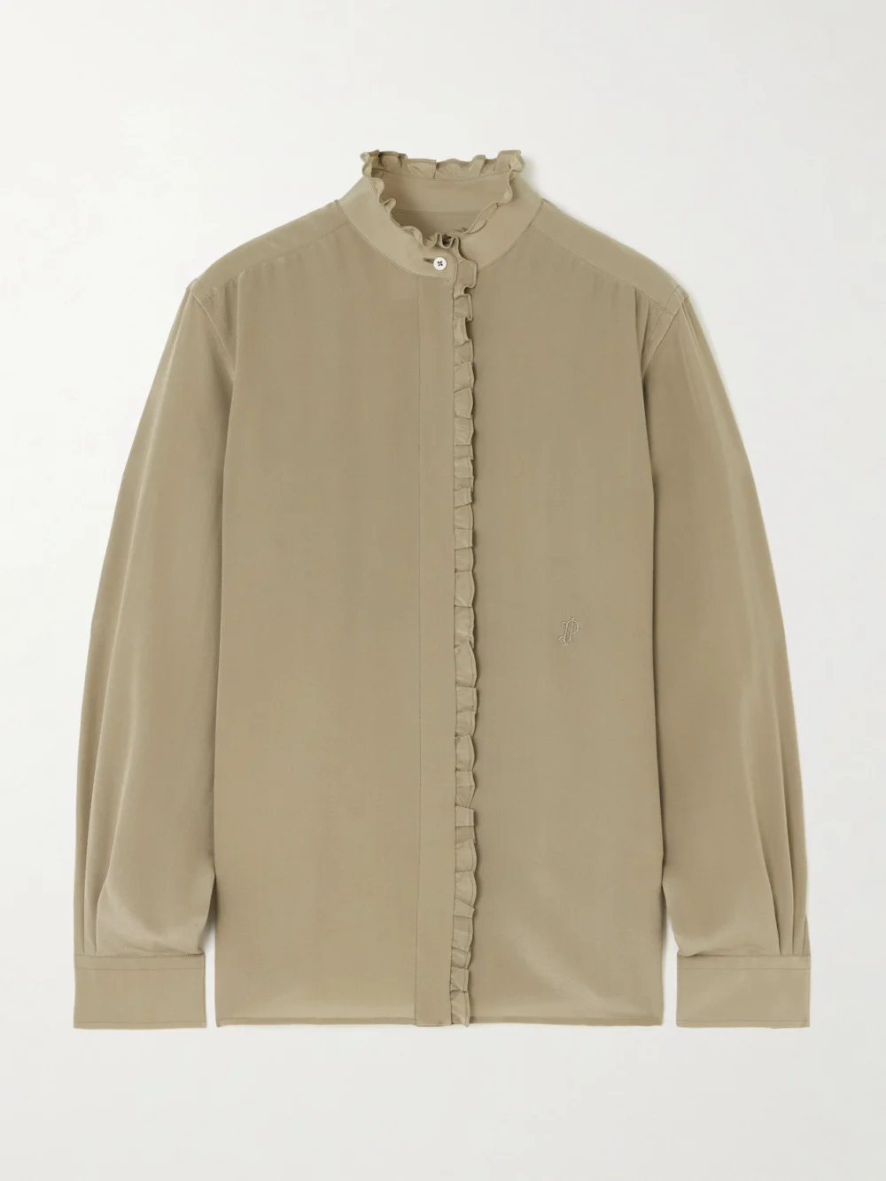 Purdey Ruffled Embroidered Silk Blouse in green