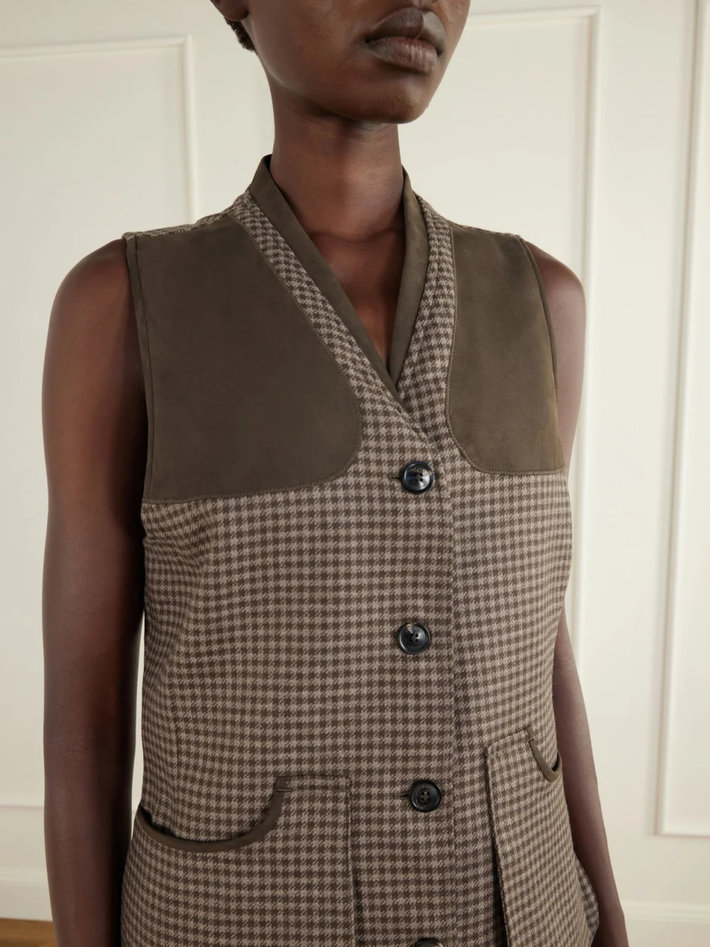 Close-up detail of the Purdey Suede-trimmed Checked Wool and Cashmere-blend Tweed Vest