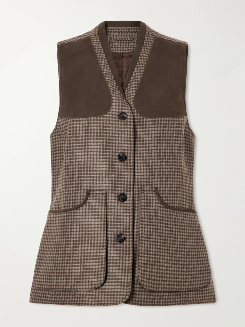 Purdey Suede-trimmed Checked Wool and Cashmere-blend Tweed Vest in dark brown