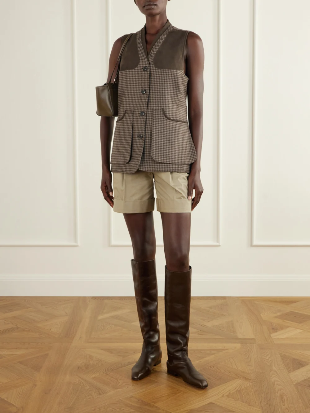Purdey Suede-trimmed Checked Wool and Cashmere-blend Tweed Vest, worn by a model
