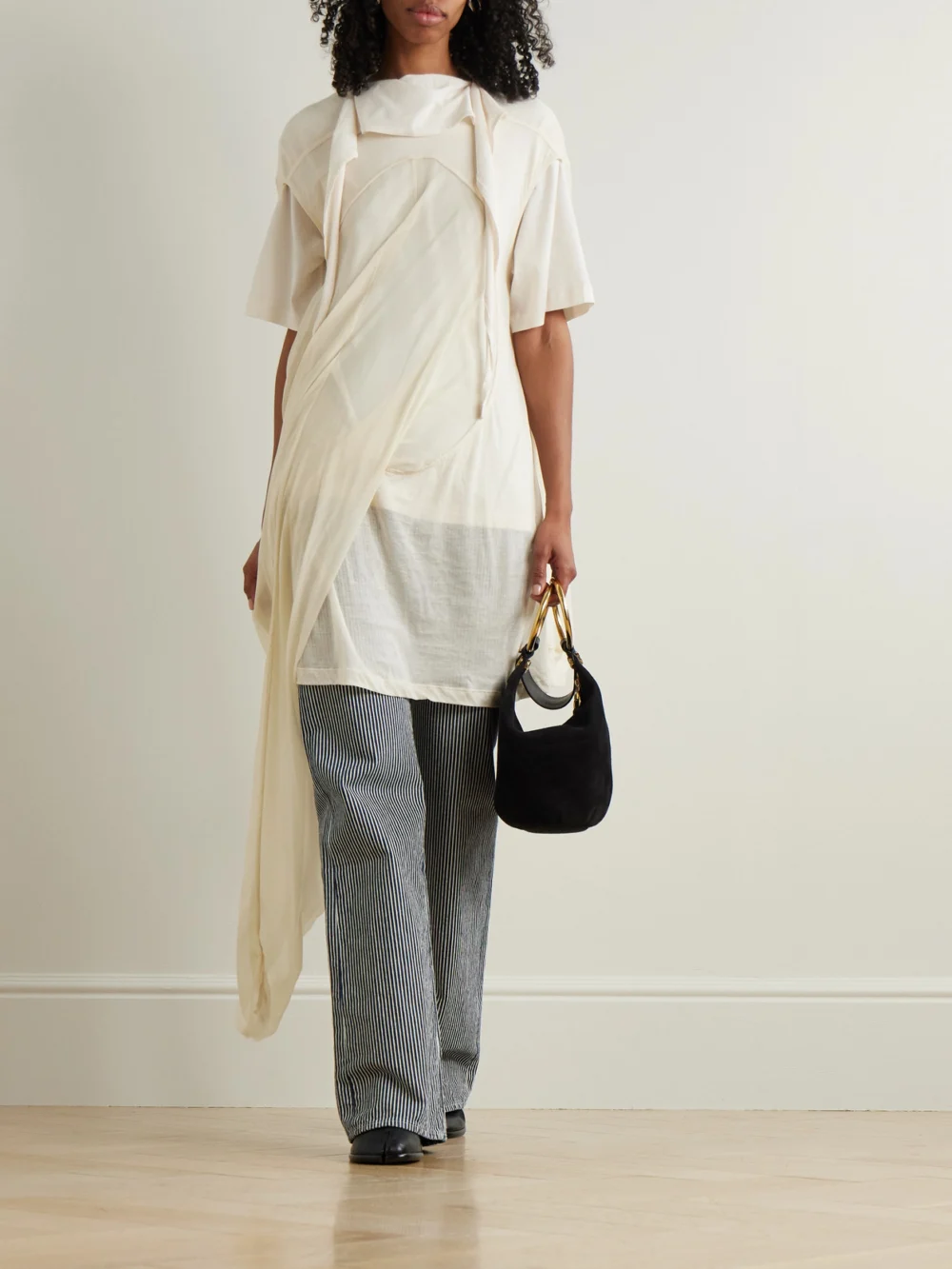 R13 Lace Back Jane Striped High-rise Wide-leg Jeans, worn by a model