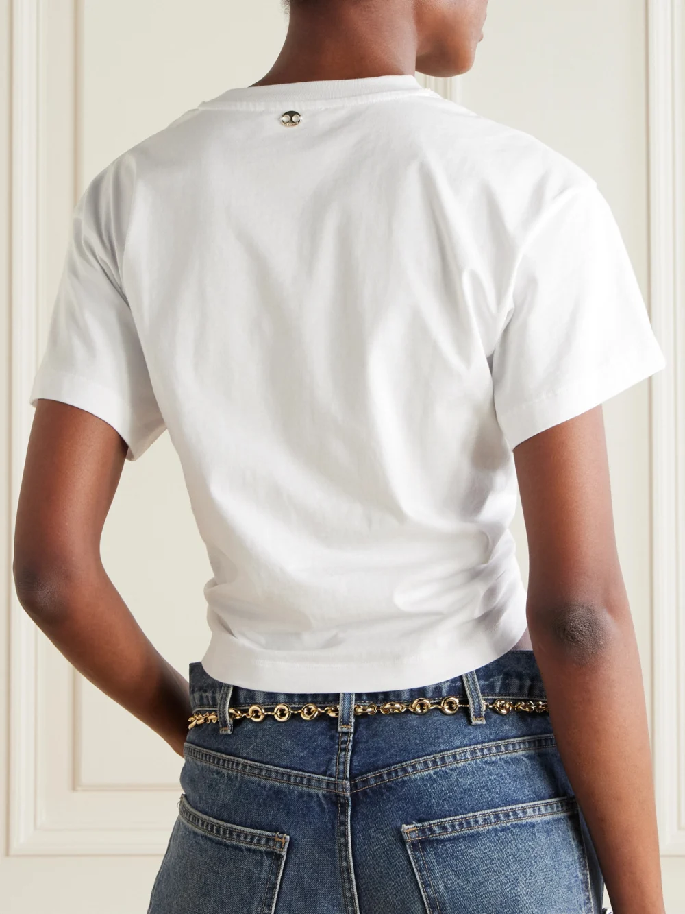 Back view of the Rabanne Cropped Embellished Gathered Cotton-jersey T-shirt