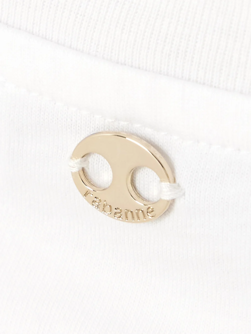Close-up detail of the Rabanne Cropped Embellished Gathered Cotton-jersey T-shirt