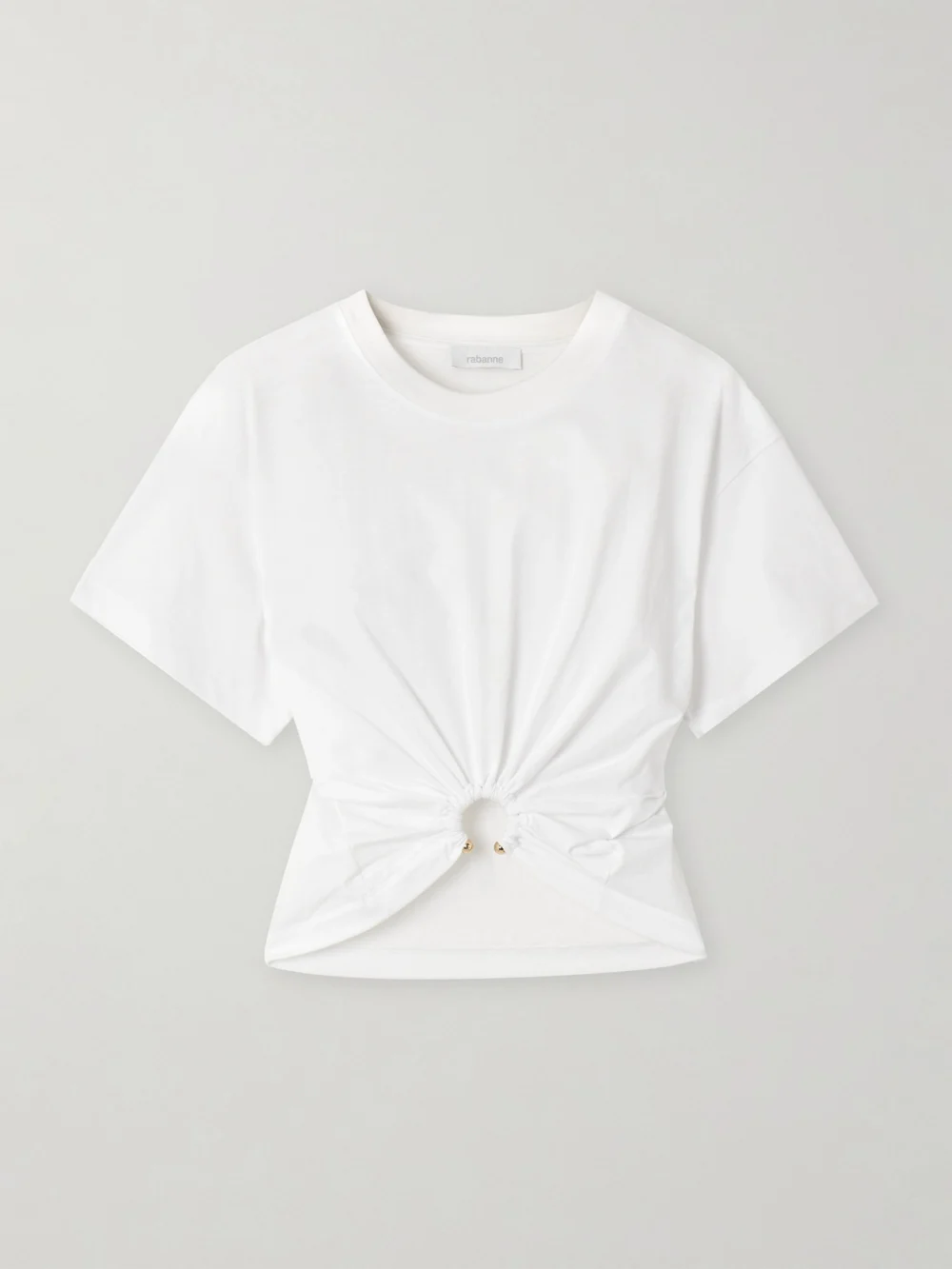 Rabanne Cropped Embellished Gathered Cotton-jersey T-shirt in white