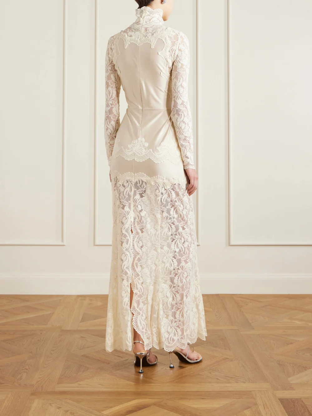 Back view of the Rabanne Lace-trimmed Silk-satin Maxi Dress