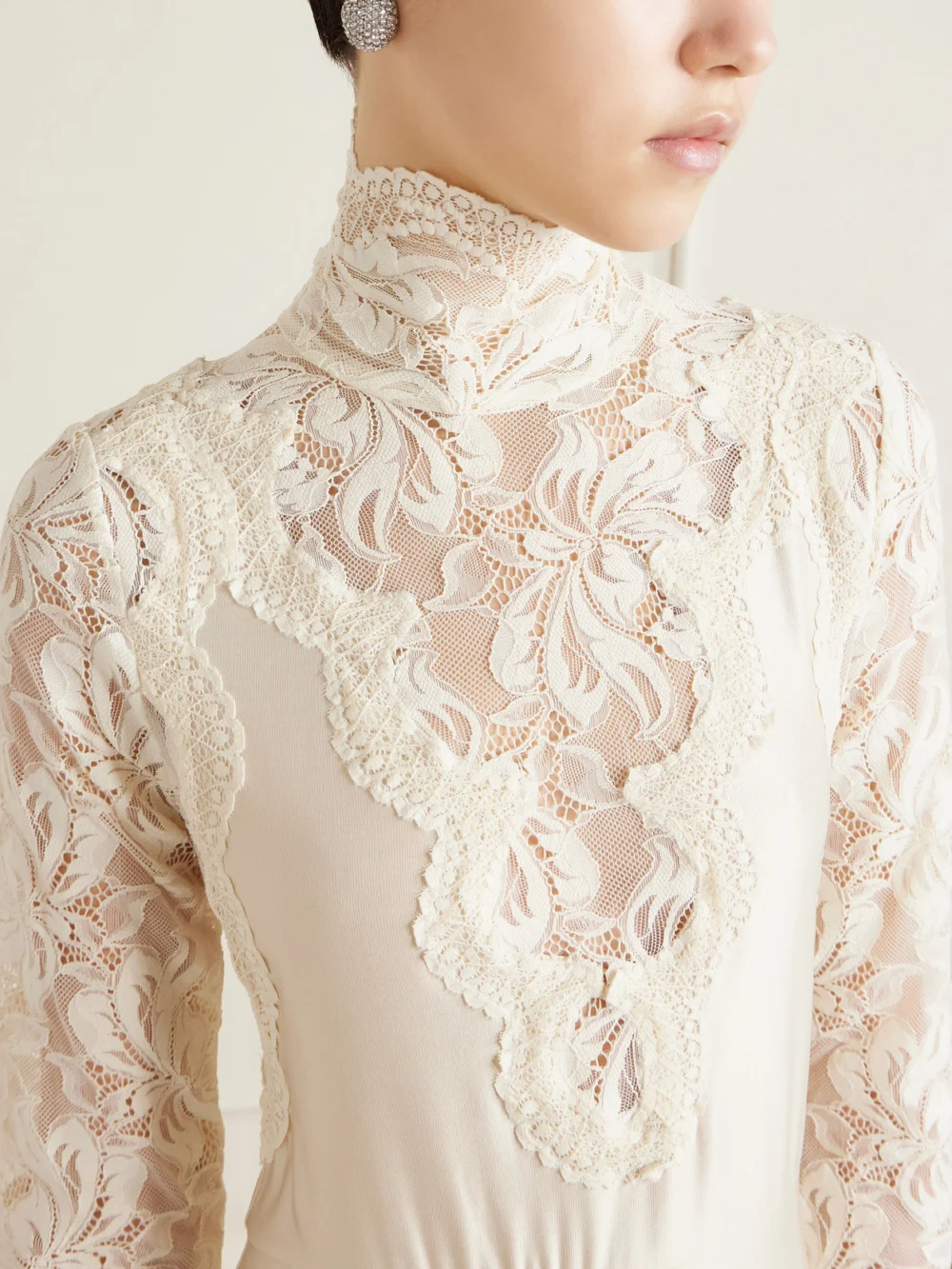 Close-up detail of the Rabanne Lace-trimmed Silk-satin Maxi Dress