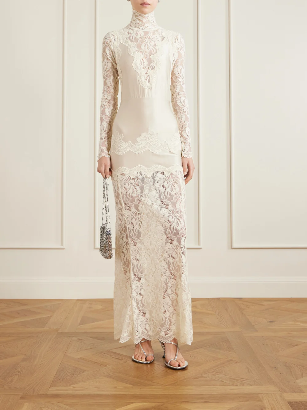 Rabanne Lace-trimmed Silk-satin Maxi Dress, worn by a model