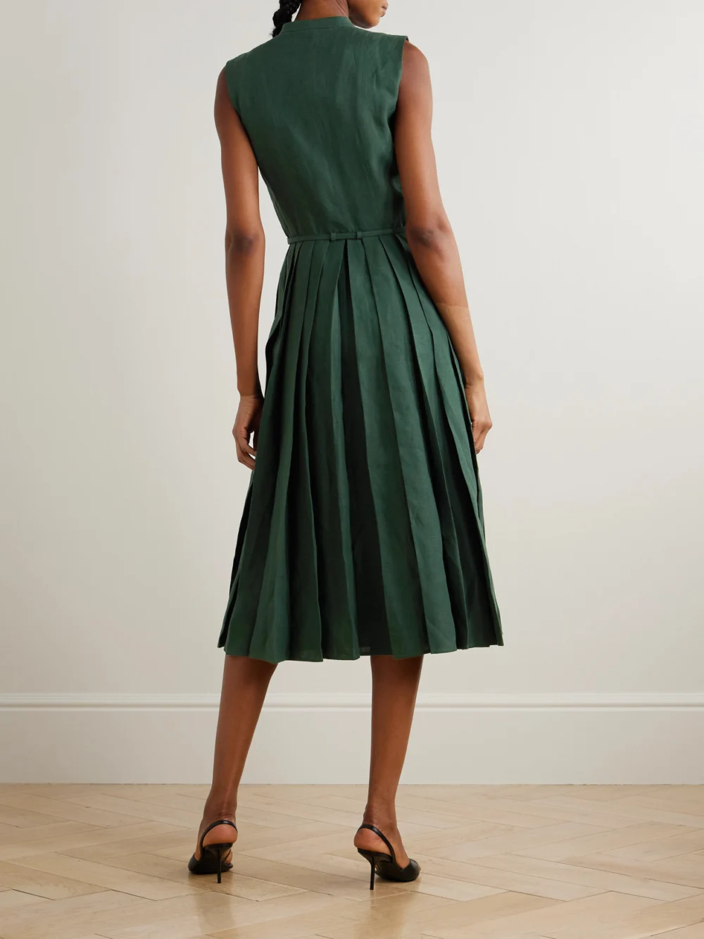 Back view of the Ralph Lauren Collection Kennedi Belted Pleated Linen Midi Dress