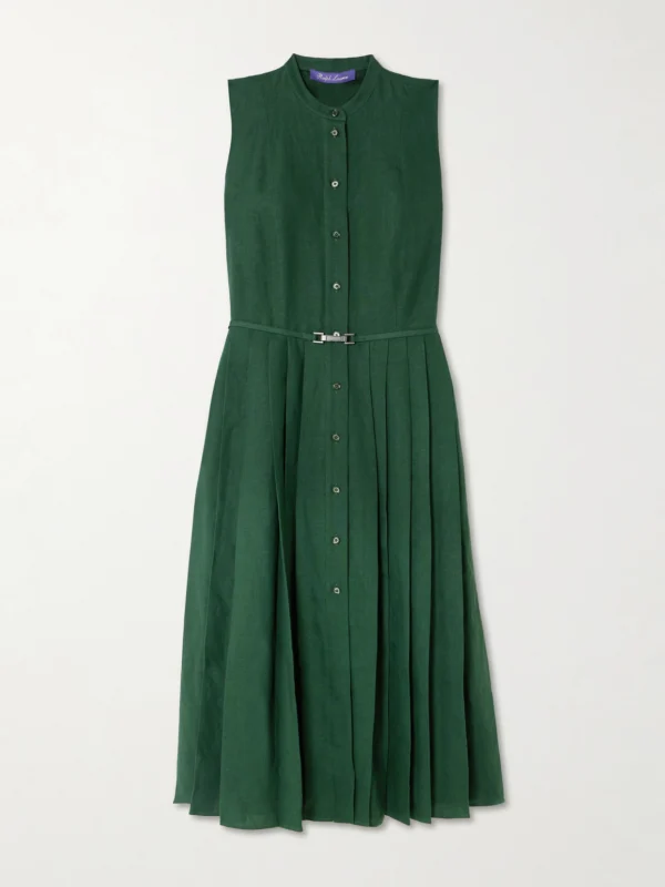 Ralph Lauren Collection Kennedi Belted Pleated Linen Midi Dress