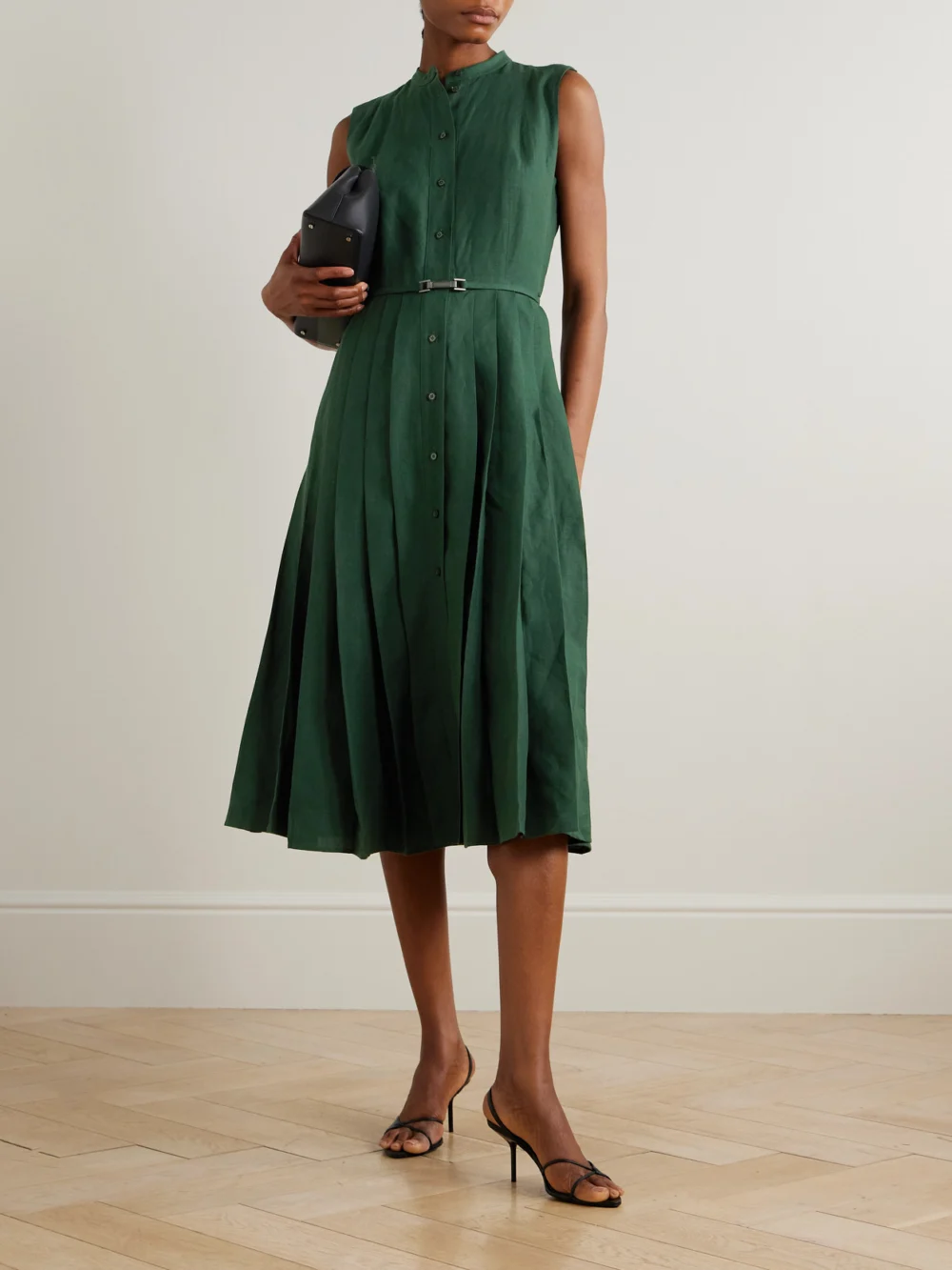 Ralph Lauren Collection Kennedi Belted Pleated Linen Midi Dress, worn by a model