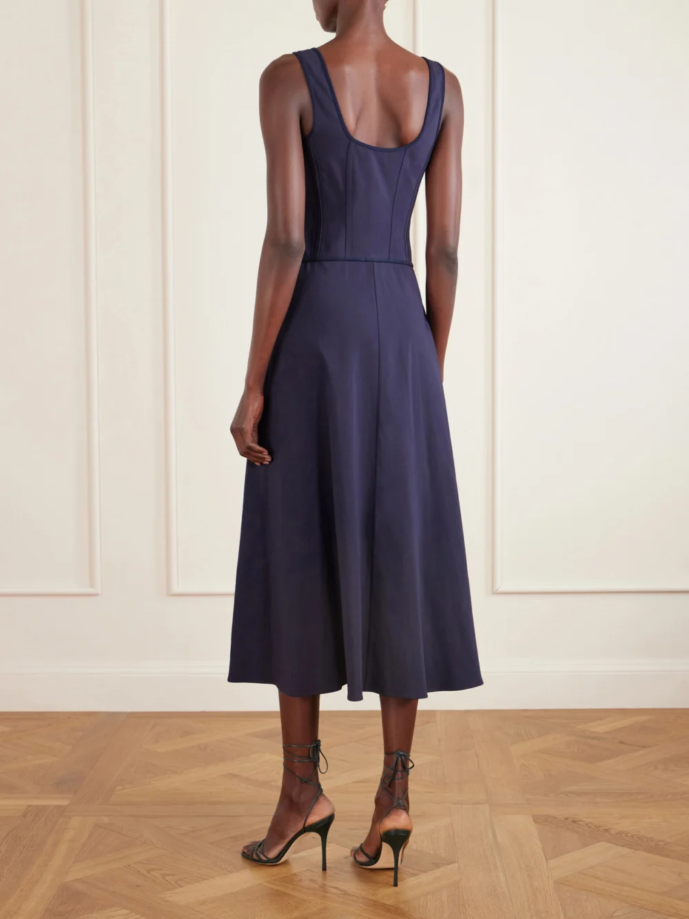 Back view of the Ralph Lauren Collection Sophee Pintucked Cotton-blend Jersey Midi Dress