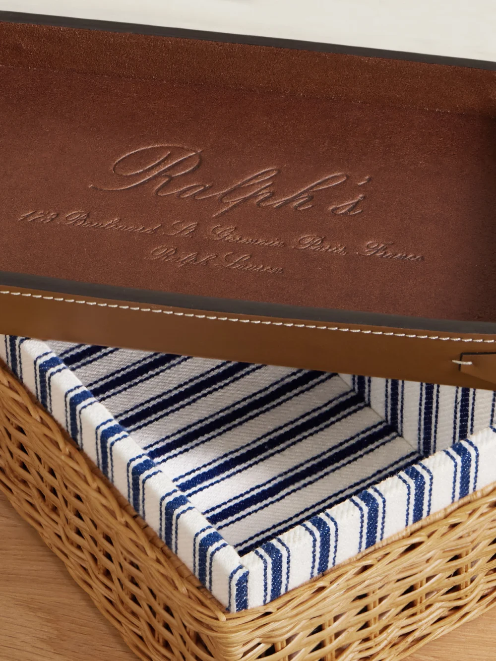 Close-up detail of the Ralph Lauren Home Bailey Small Wicker and Embossed Leather Box