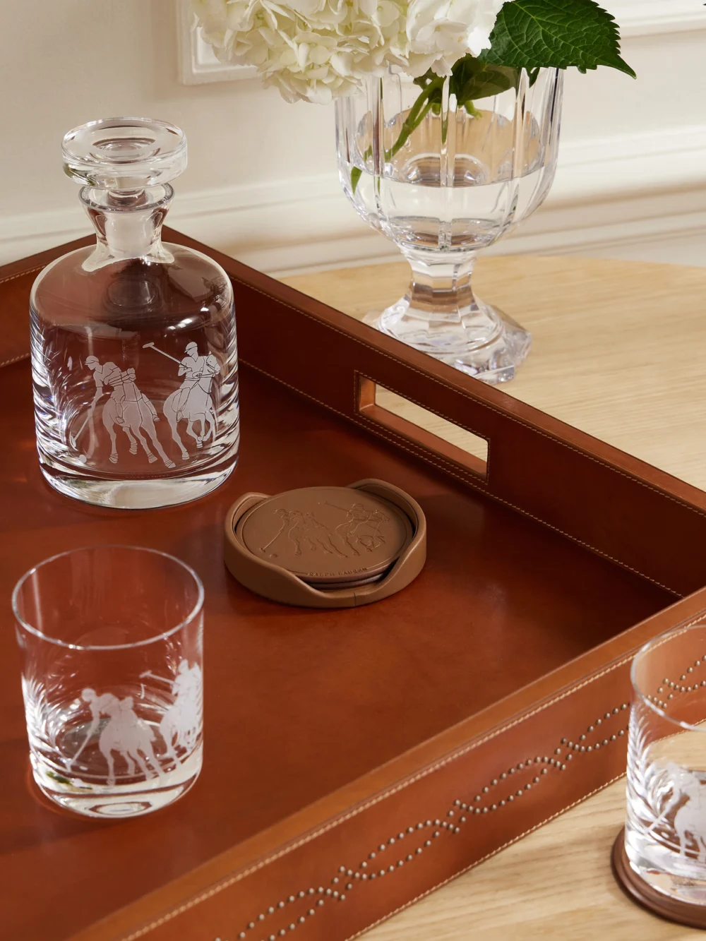 Ralph Lauren Home Garrett Set of Four Debossed Leather Coasters, styled view