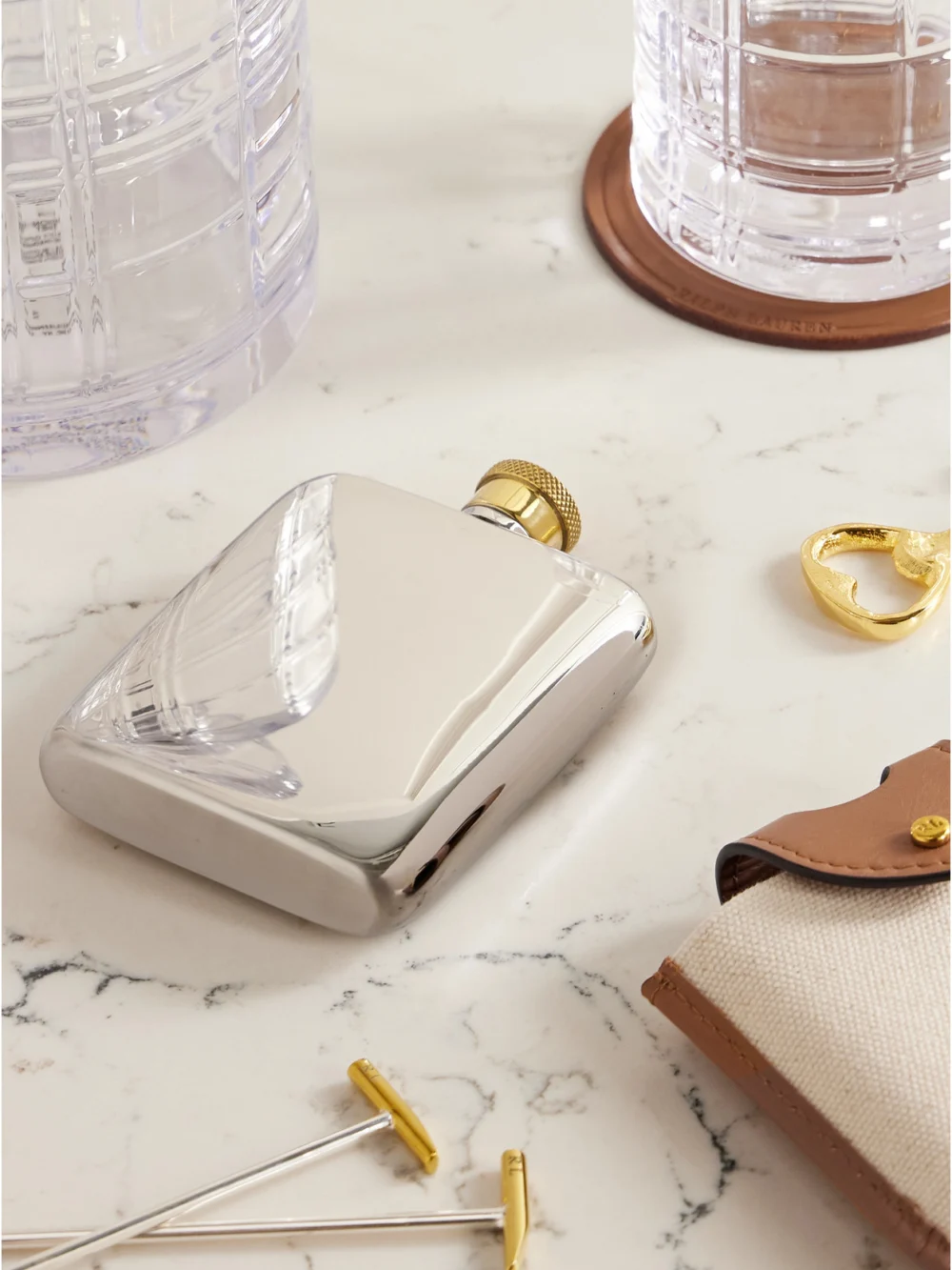Ralph Lauren Home Garrett Silver-tone and Gold-tone Flask and Leather and Canvas Case, styled view