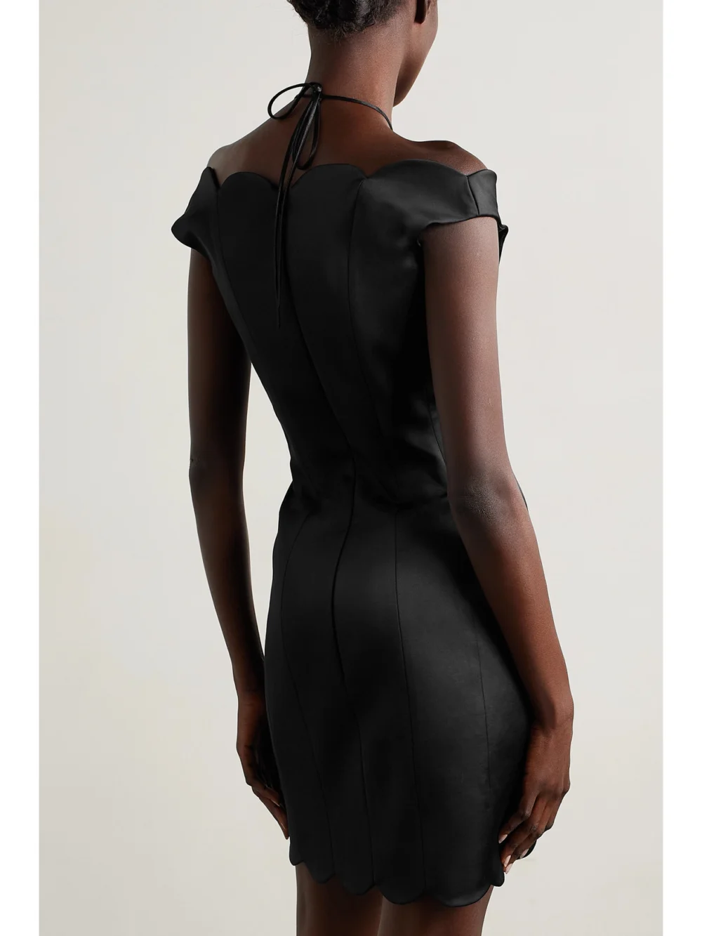 Back view of the Rasario Lace-up Scalloped Satin Mini Dress